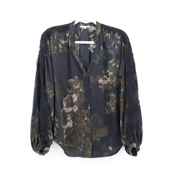 Gold Hawk Silk Floral Top Womens XS Black Moody Bloomcore Boho Witchy Whimsigoth - Picture 1 of 15